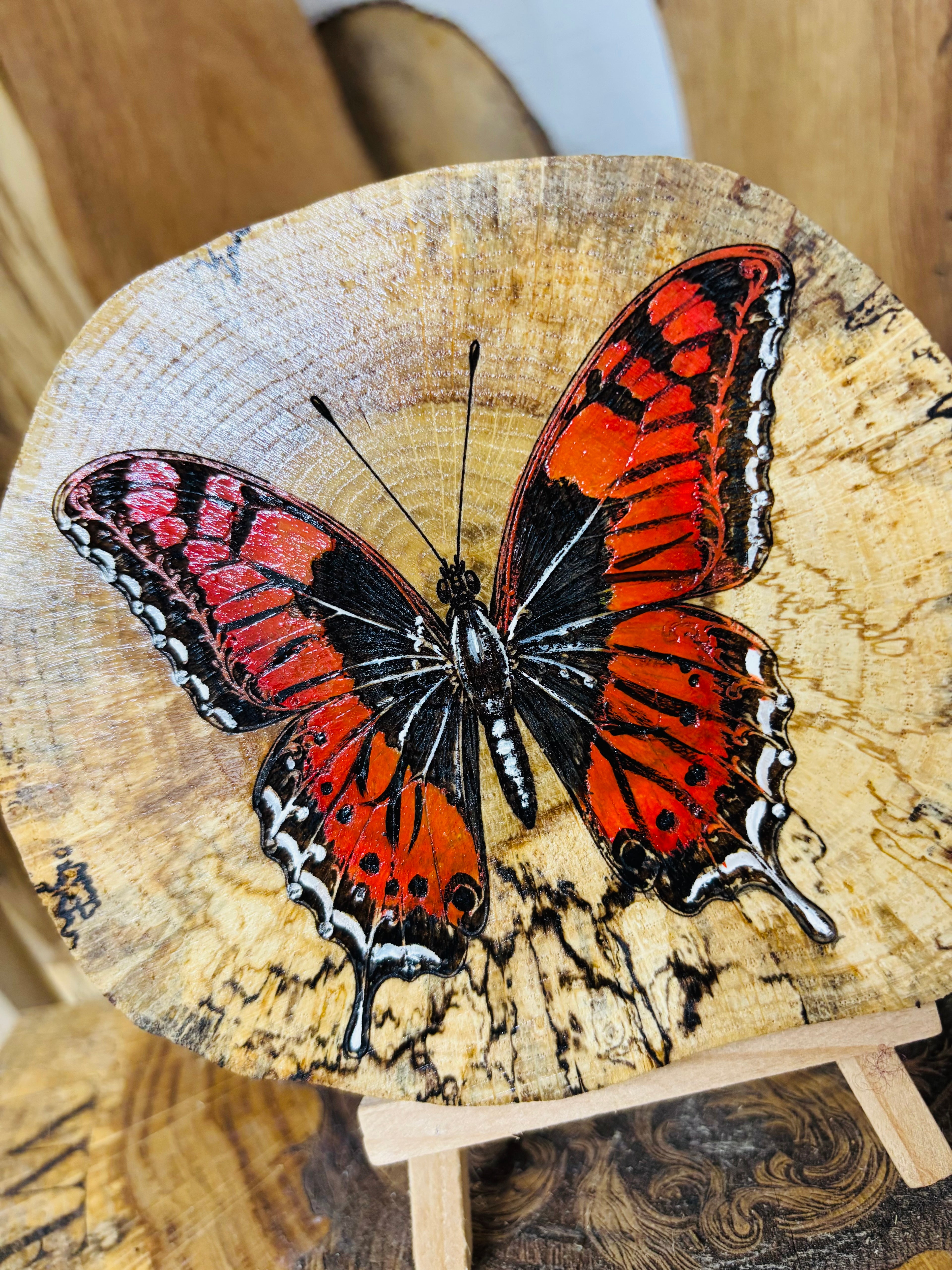 Beautiful butterfly , laser engraved and hand painted onto a slice spalted oak