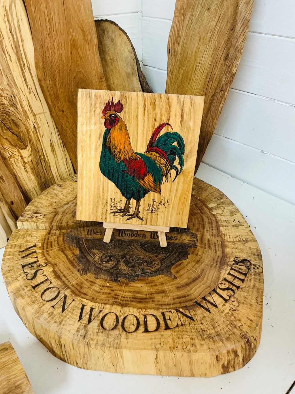 Cockerel laser engraved and hand painted onto a stunning oak plaque with stand