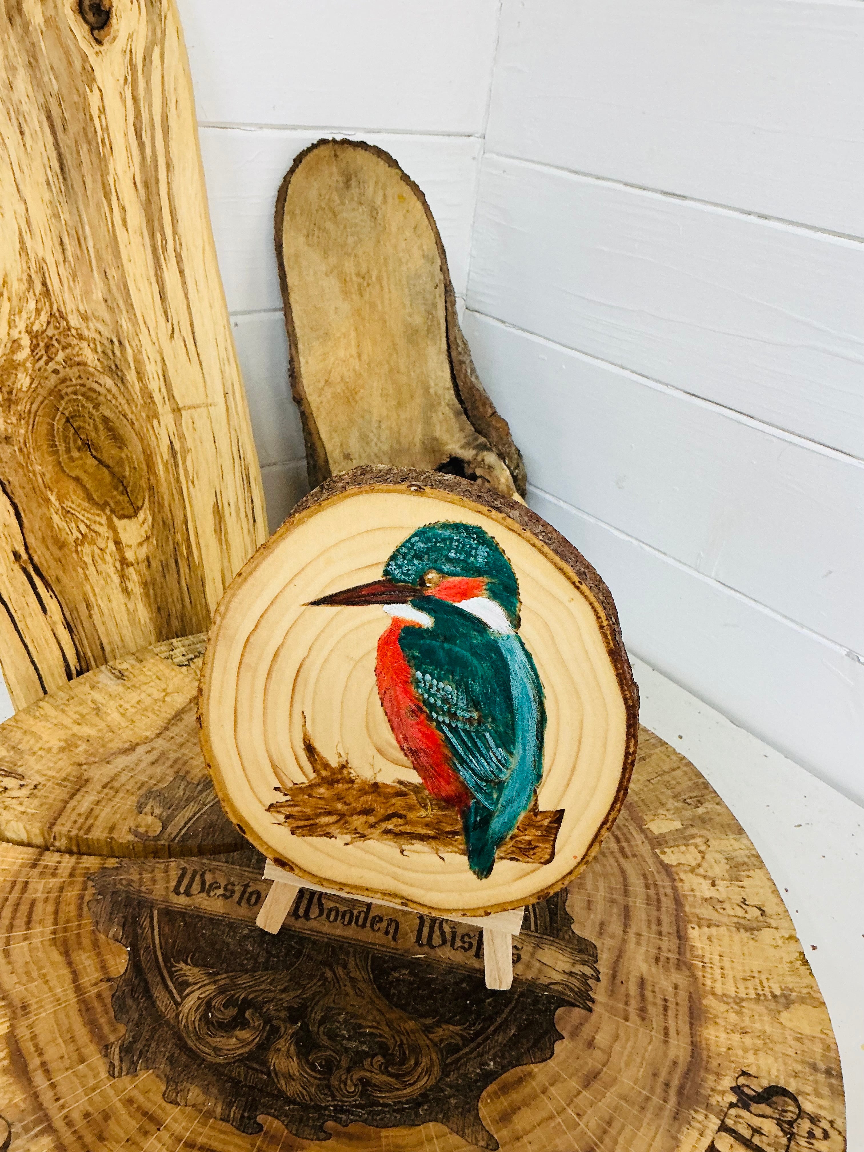 Kingfisher beautifully laser engraved and hand painted onto a log slice
