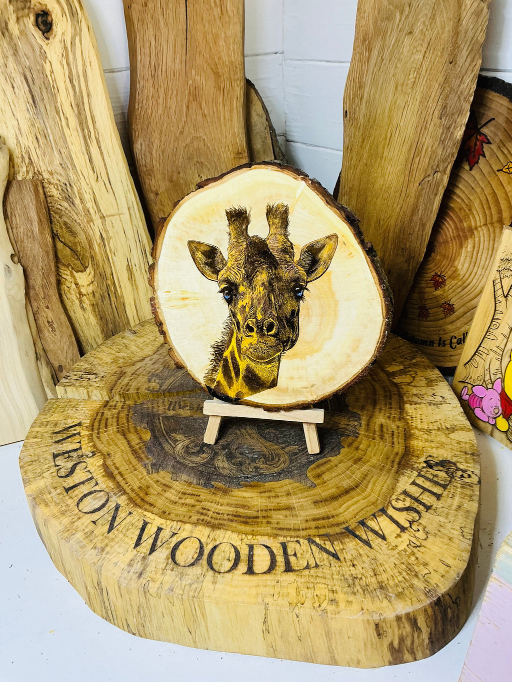 Gorgeous giraffe laser engraved , hand painted onto a beautiful slice of willow includes stand