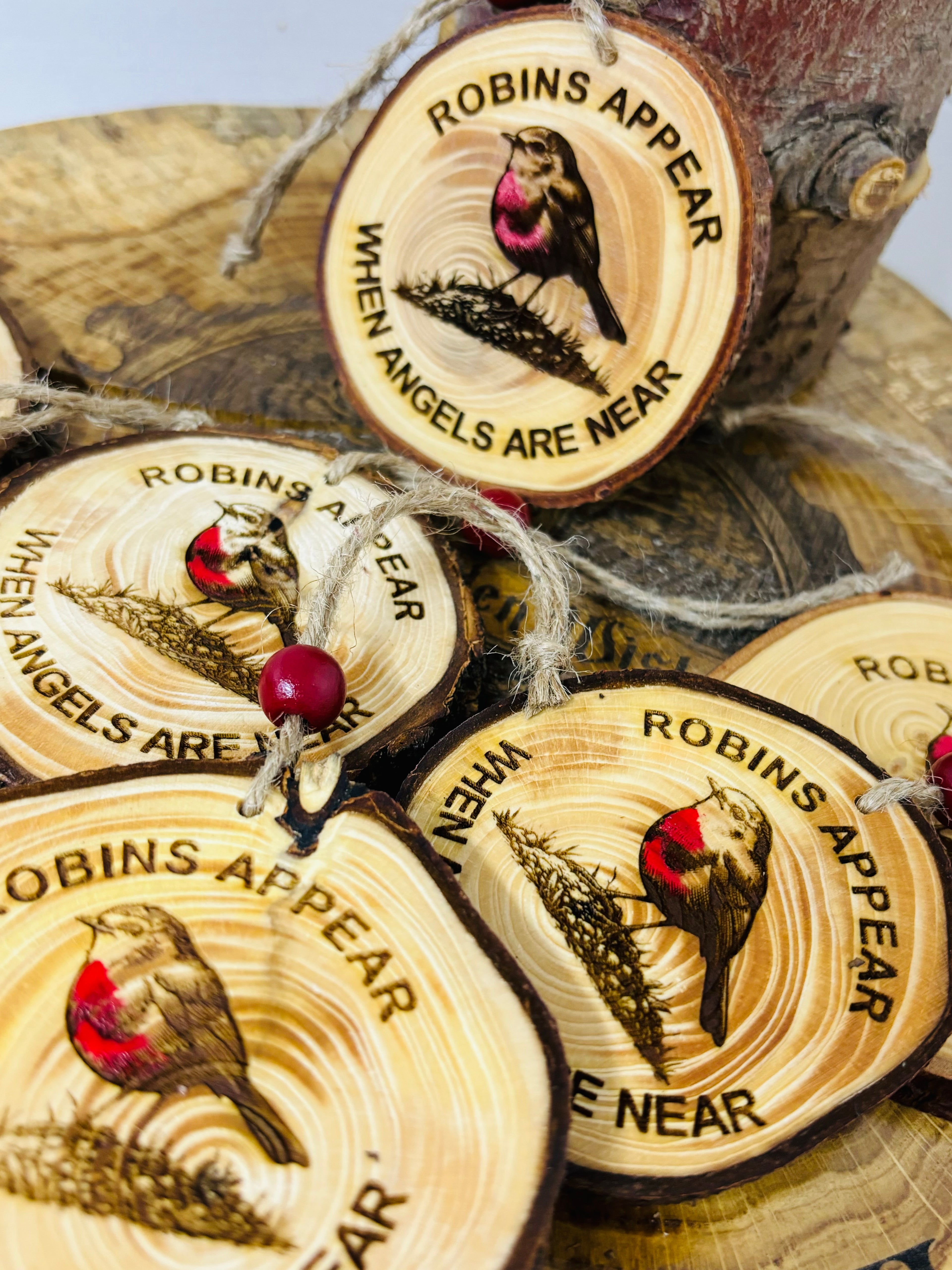 Robins appear hanging logs slice with twine and bead