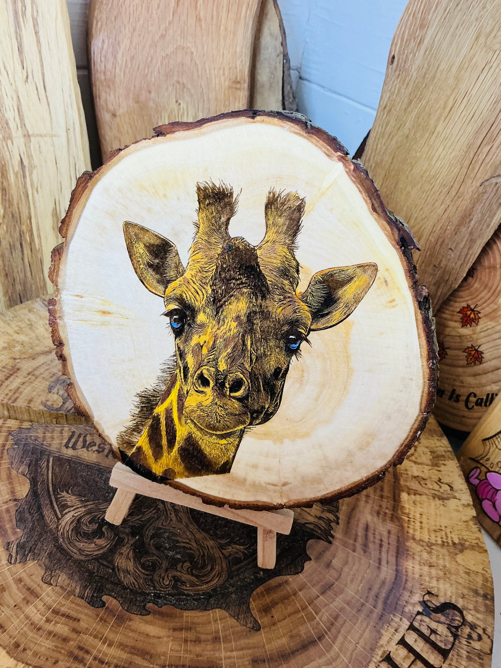 Gorgeous giraffe laser engraved , hand painted onto a beautiful slice of willow includes stand