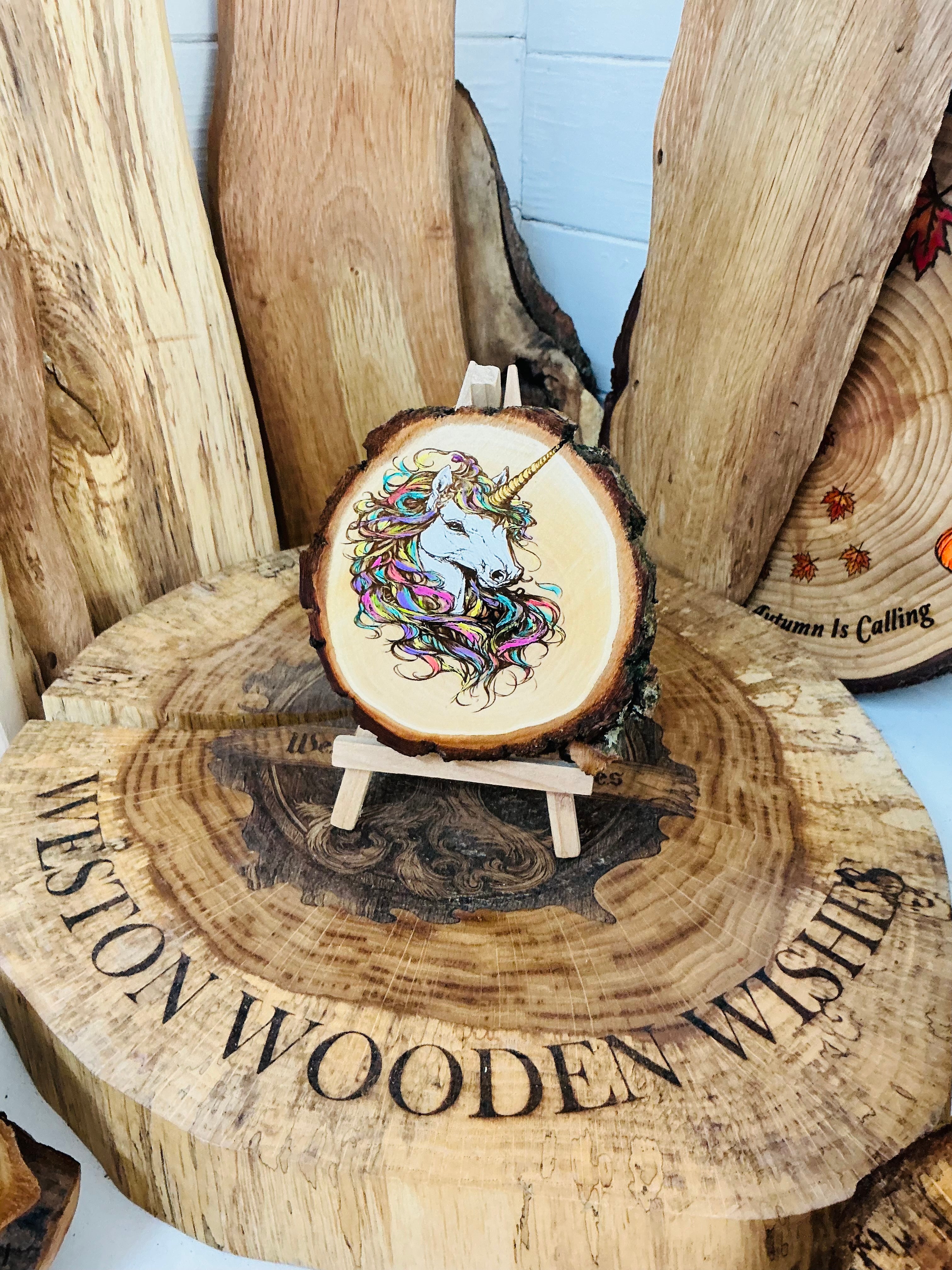 Unicorn laser engraved , hand painted onto a slice of willow with stand