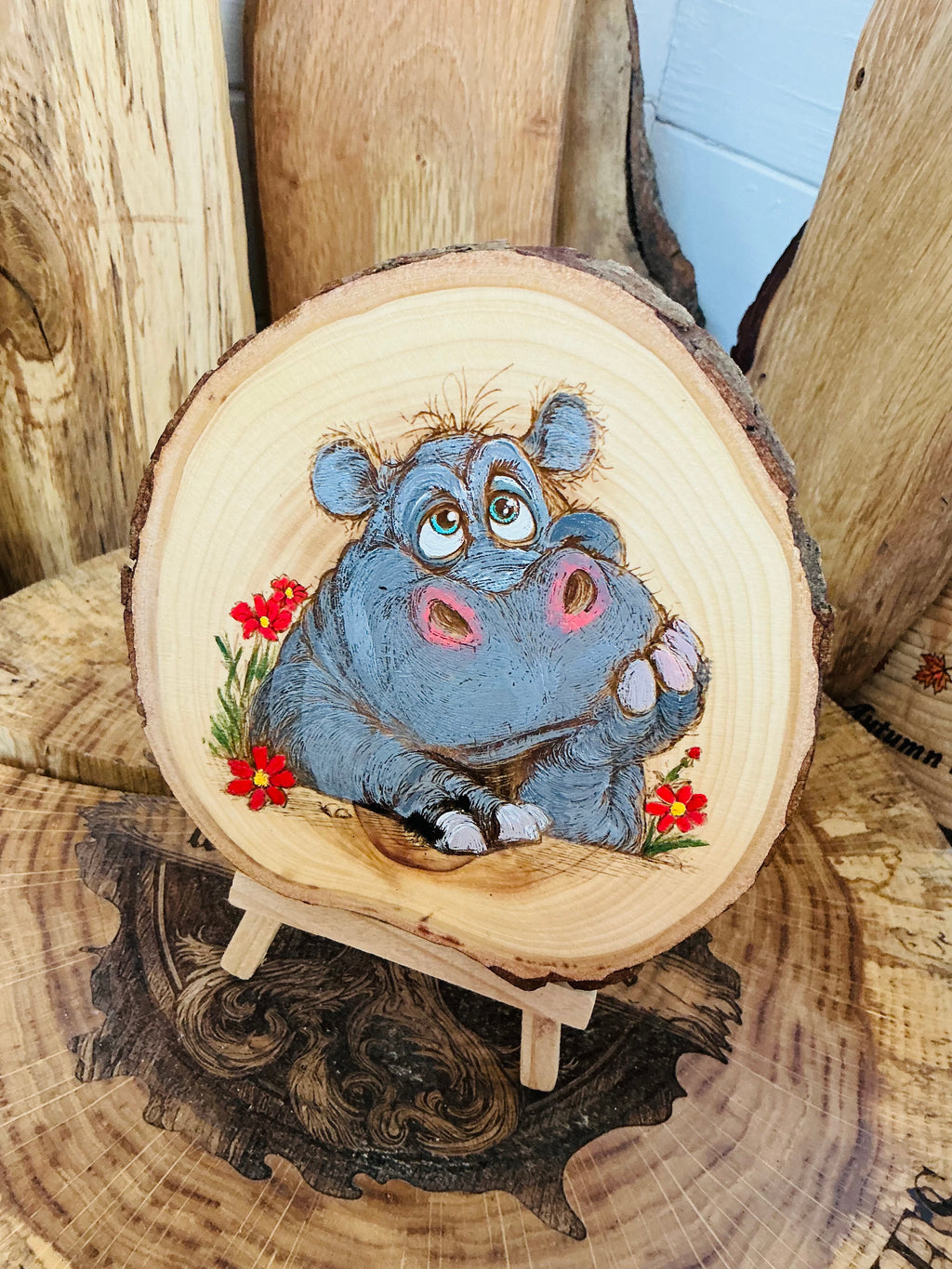 Cute Hippo laser engraved and hand painted onto a Logslice with stand