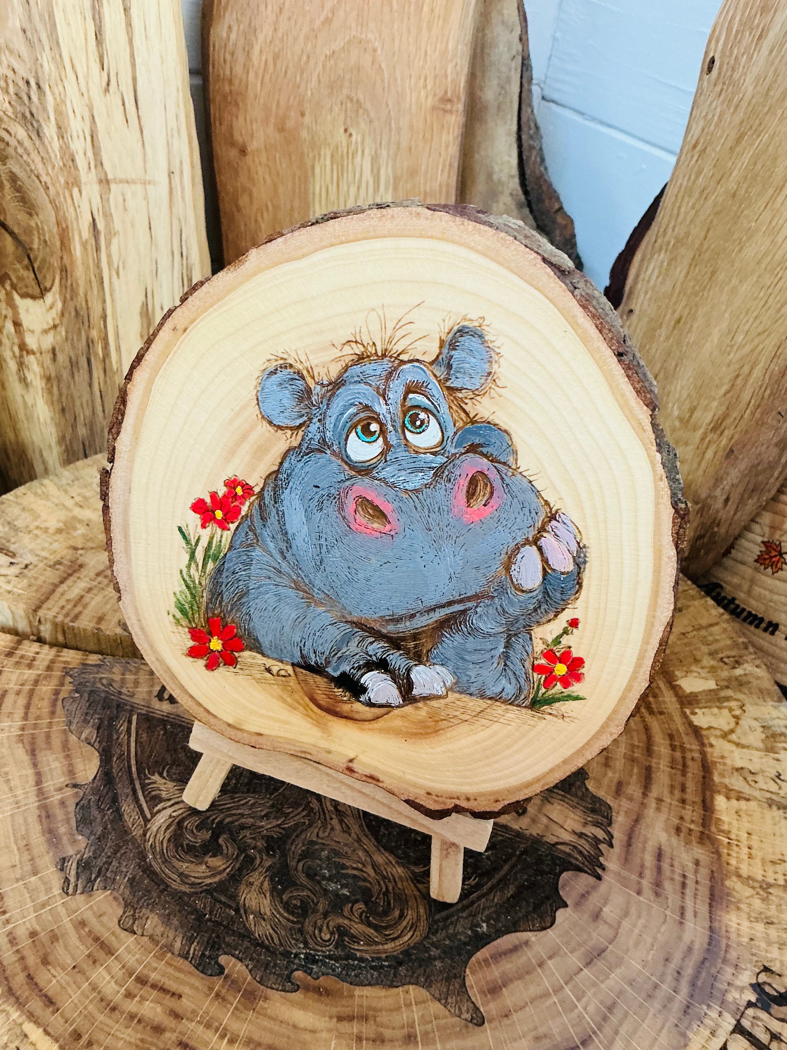 Cute Hippo laser engraved and hand painted onto a Logslice with stand