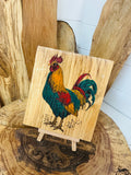 Cockerel laser engraved and hand painted onto a stunning oak plaque with stand