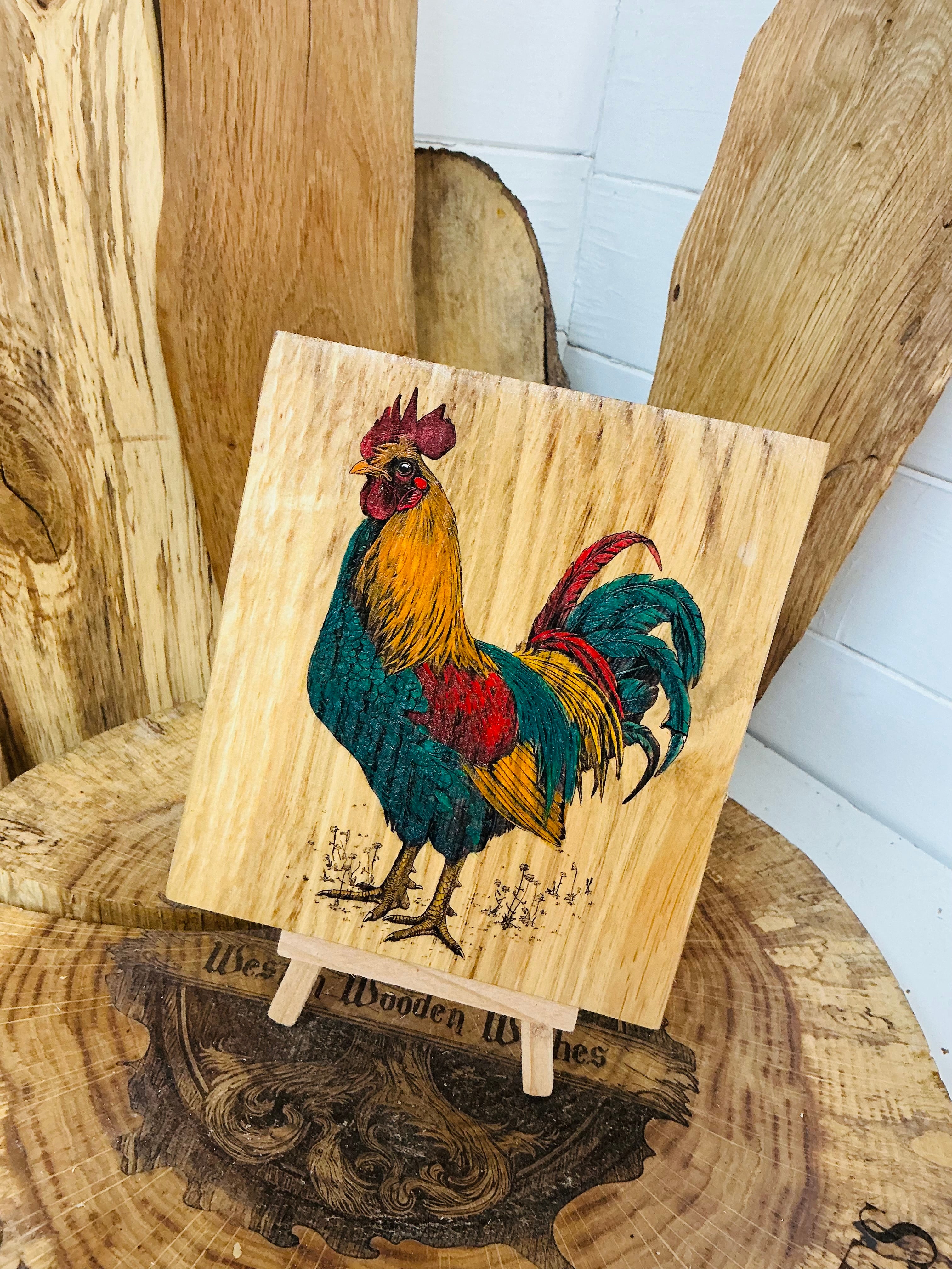 Cockerel laser engraved and hand painted onto a stunning oak plaque with stand