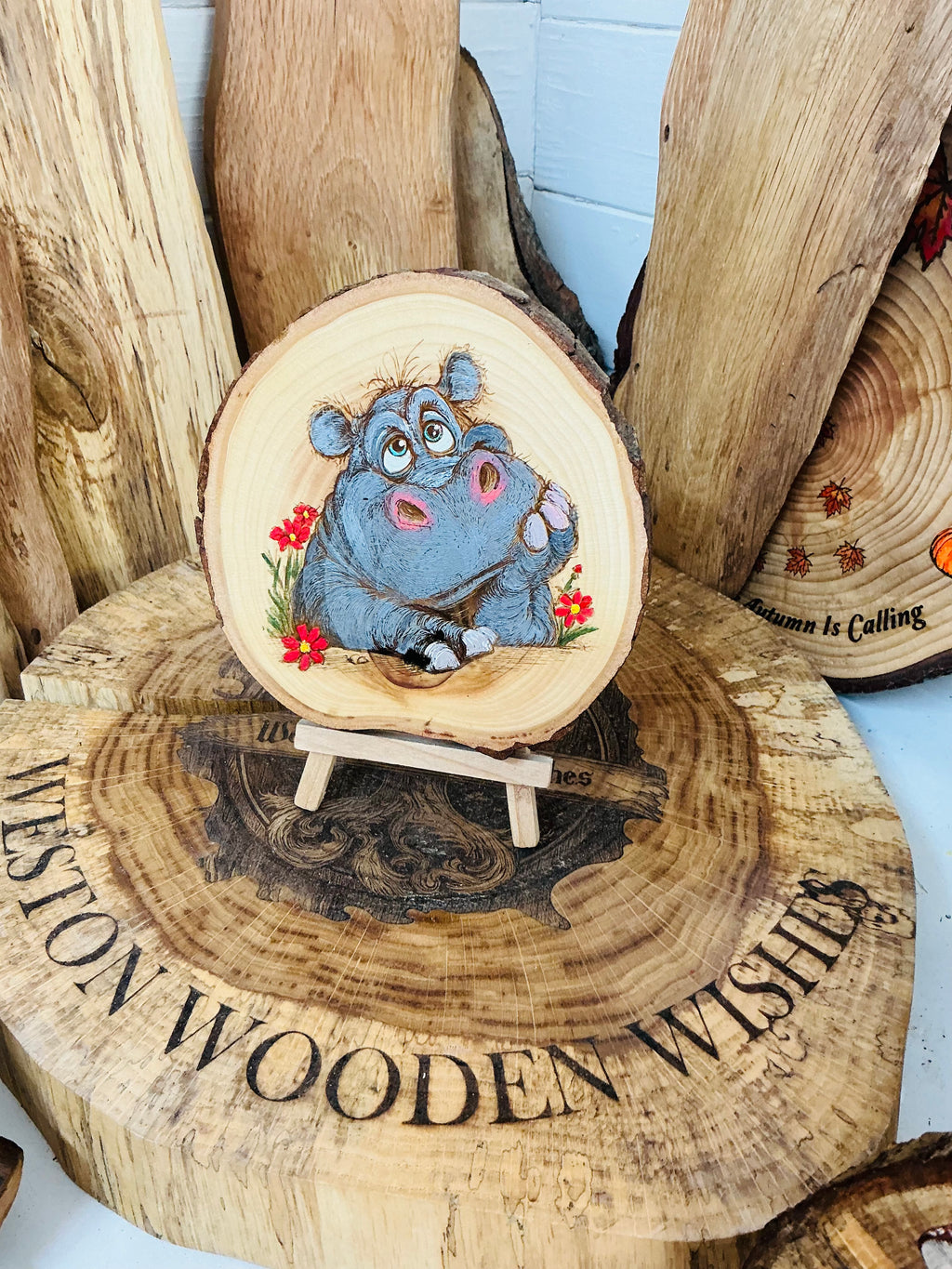 Cute Hippo laser engraved and hand painted onto a Logslice with stand