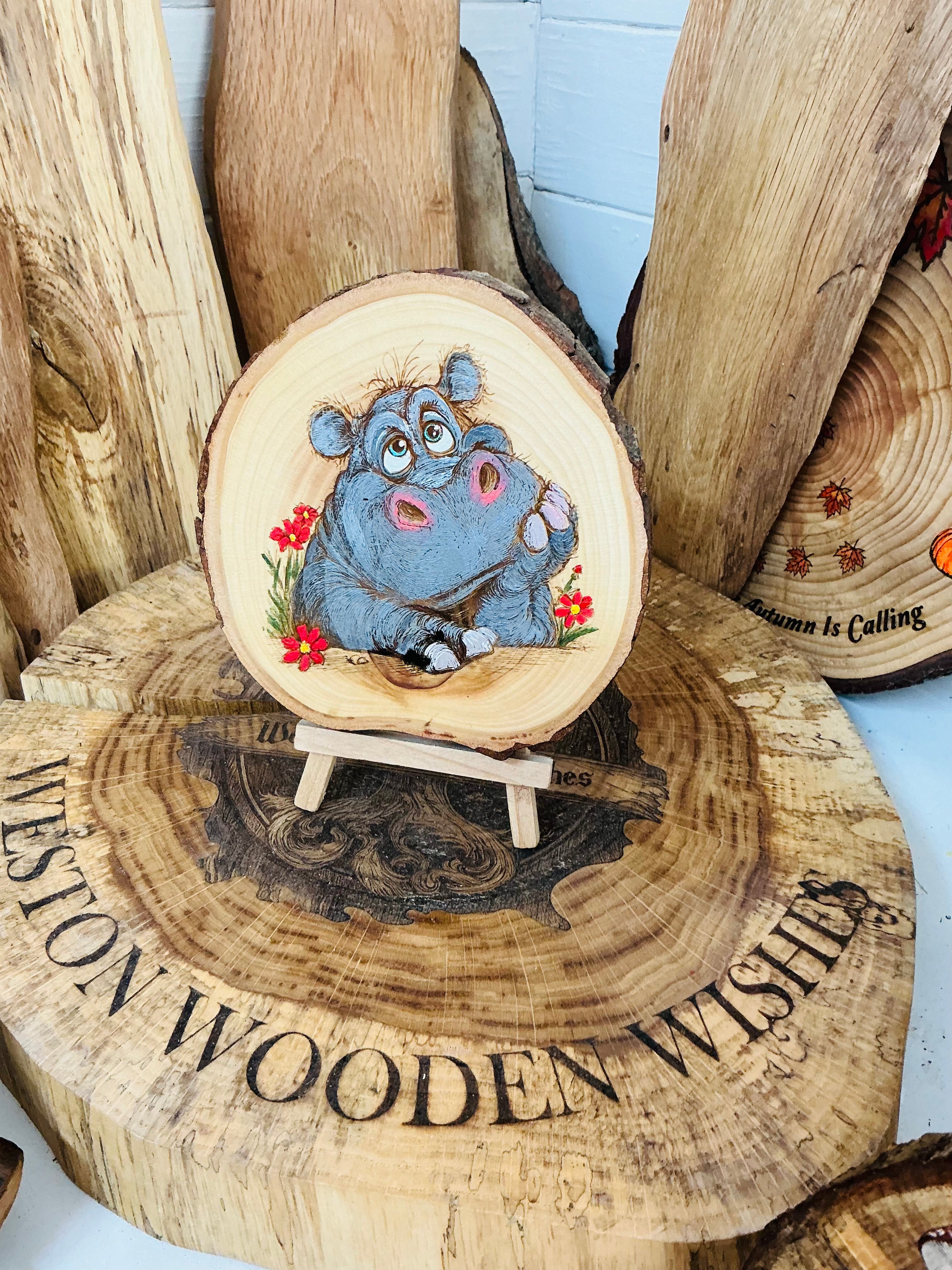 Cute Hippo laser engraved and hand painted onto a Logslice with stand